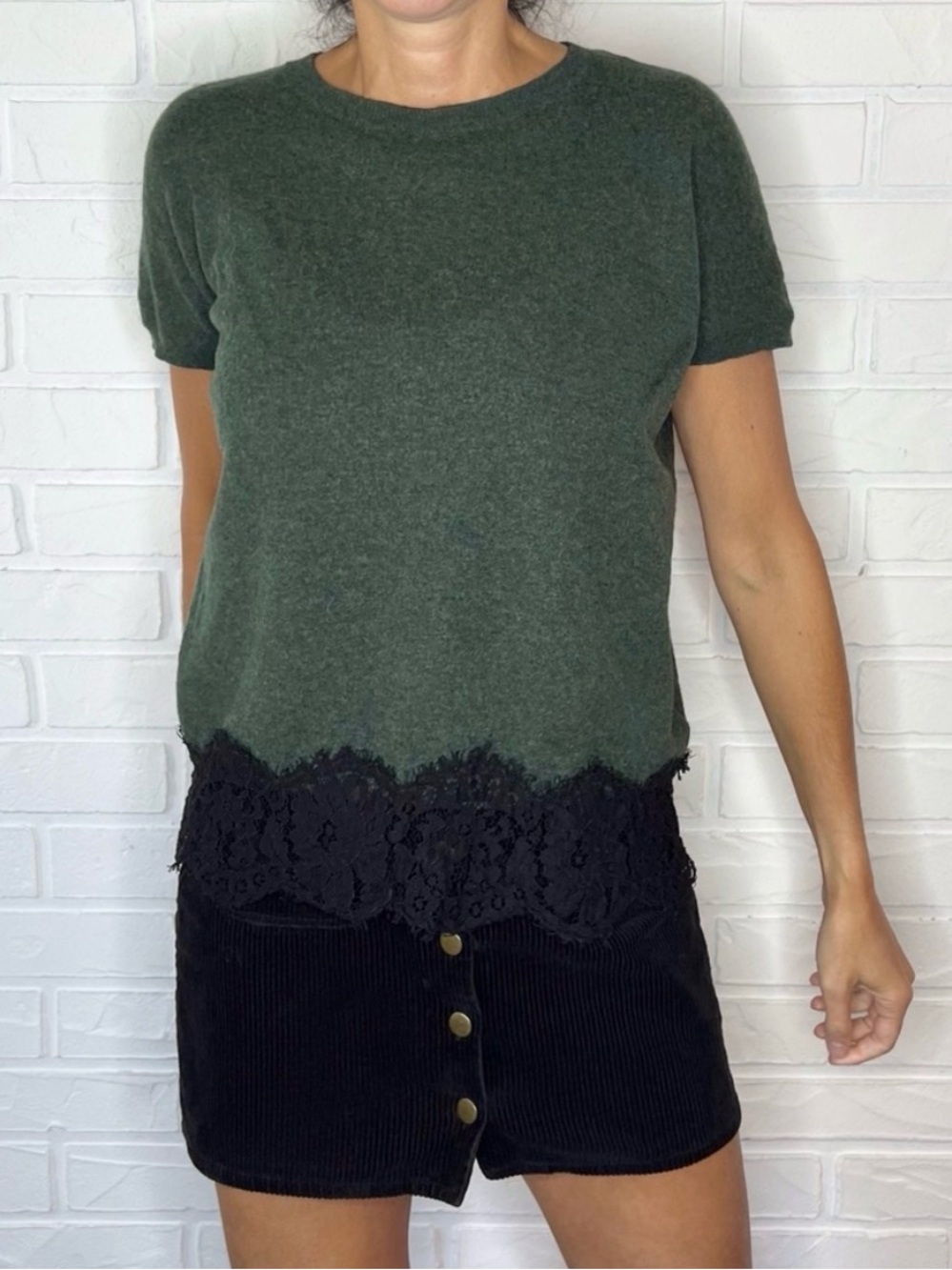 Nanette Lepore green merino wool, black lace short sleeve sweater M